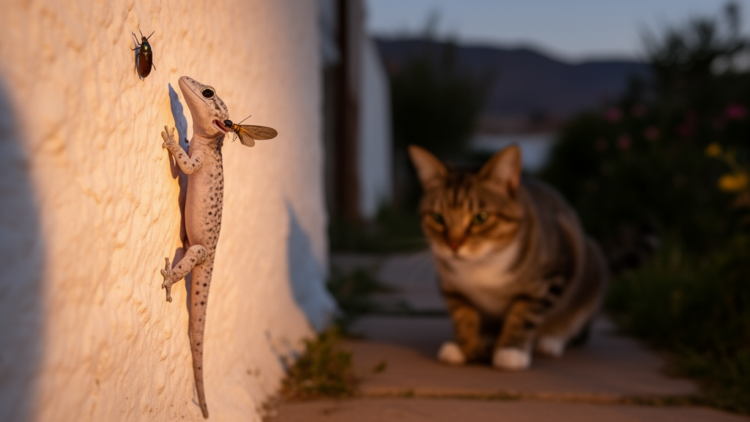 Invasive Moorish gecko in Chile eats moths and beetles while cats stalk it as a probable predator