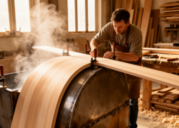 Guided Bending Turns Straight Timber Into Curved Load-Bearing Columns