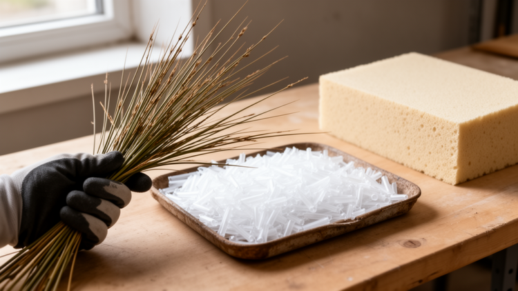 Sharp Juncus Acutus fibers turn recycled polystyrene waste into low-carbon building insulation
