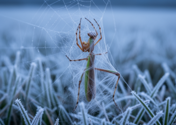Tiny spider kills mantis eight times its size in cold Japanese field