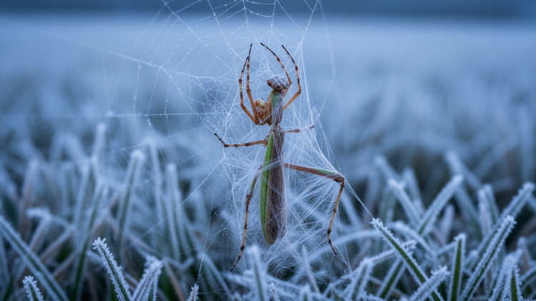 Tiny spider kills mantis eight times its size in cold Japanese field