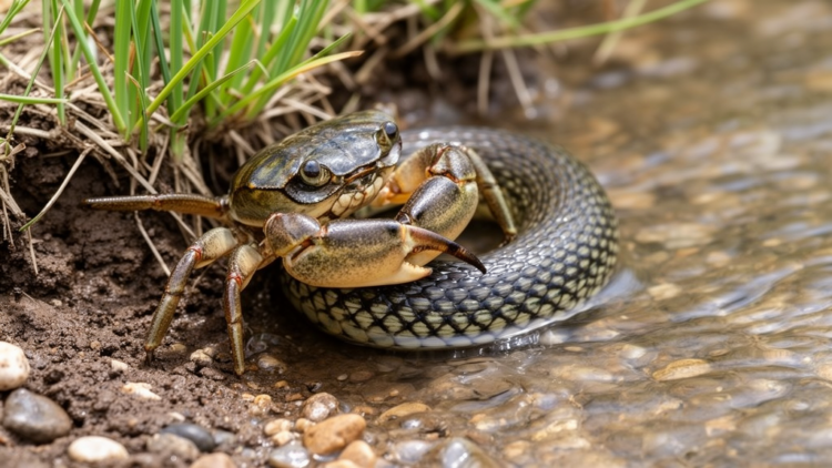 Freshwater Crab Caught Gripping a Live Grass Snake in Rare Sicilian Predation Event