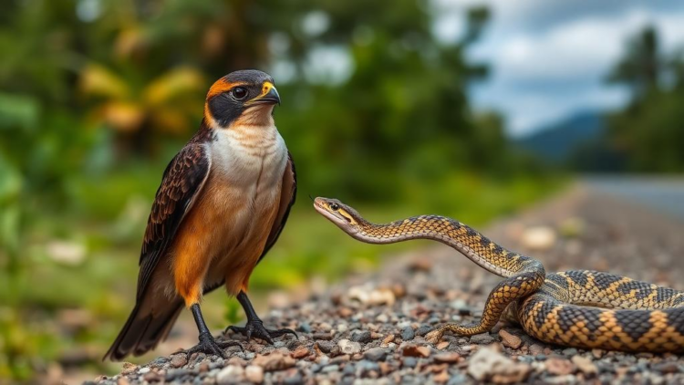 Field observation documents laughing falcon eating Amazonian pit viper beside Ecuador road