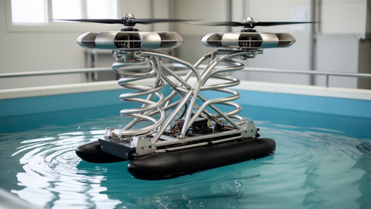 Double-helical mechanism lifts and rotates amphibious vehicle rotors