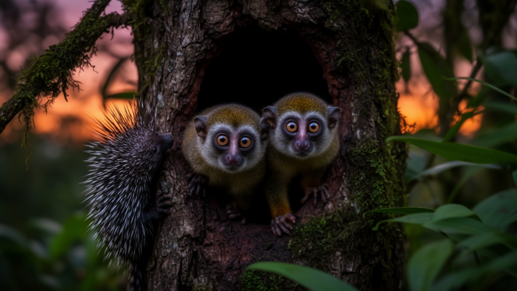 Night Monkeys and Porcupines Share a Tree Hollow in Colombia