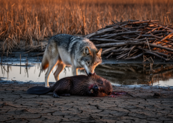 Camera Traps Capture a Wolf Killing a Beaver and Emptying Its Drought-Hit Pond