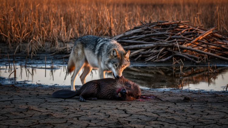 Camera Traps Capture a Wolf Killing a Beaver and Emptying Its Drought-Hit Pond