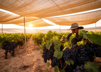 Double-layer curtain canopies shield Syrah grapes from extreme desert heat and lift wine quality