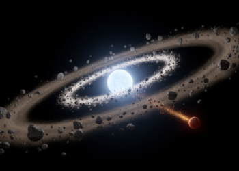 Two planetary bodies sculpt a rare double debris disc around a white dwarf