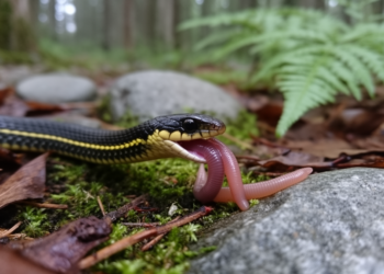 Island Gartersnake Photographed Eating Invasive Earthworm on Isle Royale