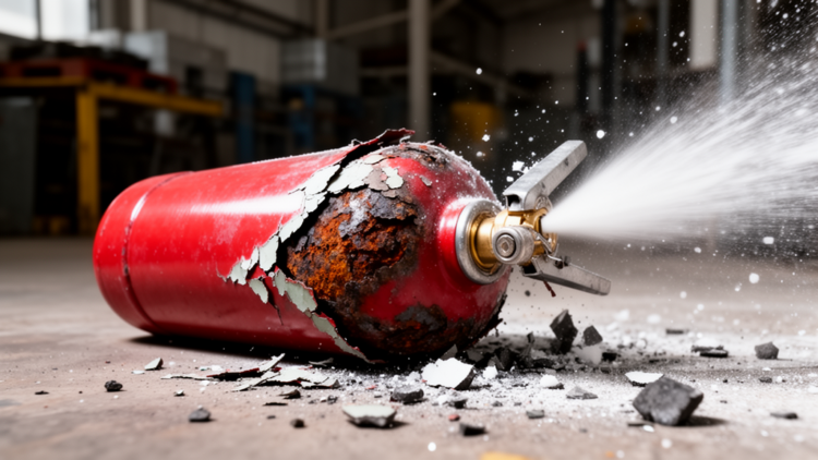 Hidden corrosion beneath a coating caused a fire extinguisher to rupture catastrophically