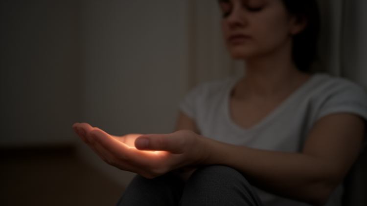 Human palm glows faintly, and meditation seems to quiet that light