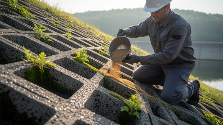 Nutrient-Filled Particles Turn Porous Concrete Into Living Reservoir Slopes
