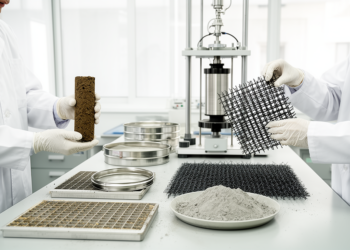 Rice husk ash and basalt mesh team up to strengthen weak soils