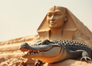 Extinct crocodile with a missing snout tip emerges from the stones of the Great Sphinx