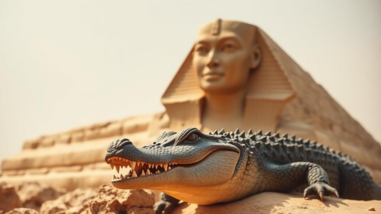 Extinct crocodile with a missing snout tip emerges from the stones of the Great Sphinx