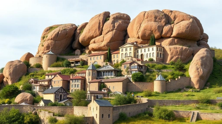 Rock Shape and Size Decide Which Barriers Save a Historic Village from Falling Boulders