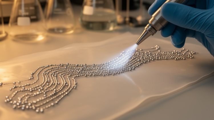 Spray-Printed Liquid Metal Particles Fuse Instantly Into Stretchable Circuits